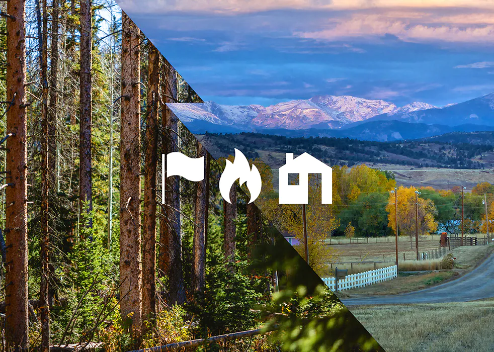 Split image showing a dense green forest on the left and a rural landscape with a house, road, and snow-capped mountains on the right, overlaid with icons of a flag, flame, and home.