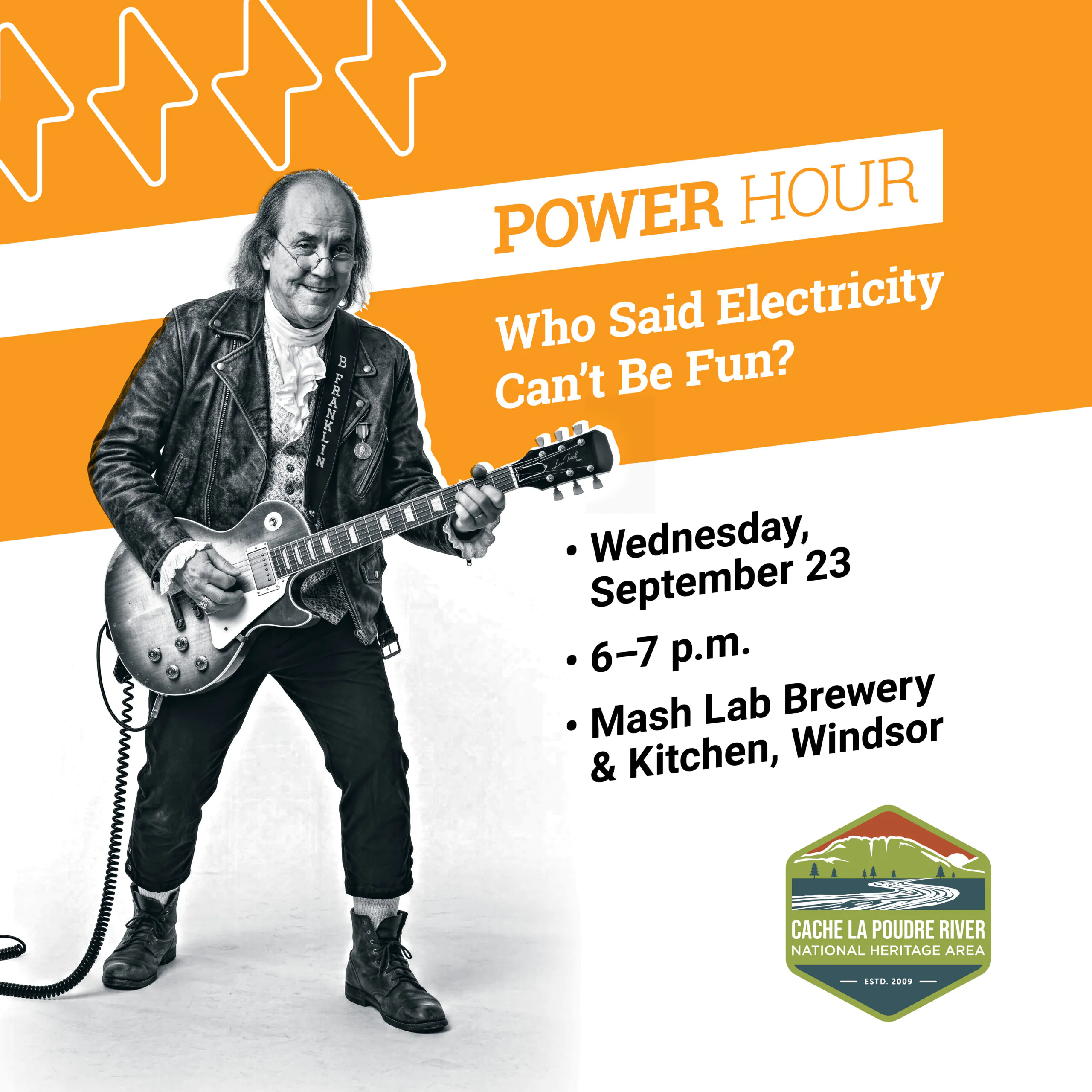 Benjamin Franklin playing an electric guitar with graphic icons for a power hour: who said electricity can't be fun event.