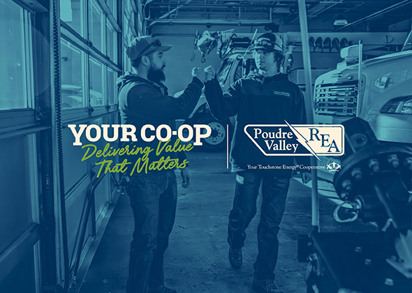 PVREA 2025 Annual Meeting Header - two linemen first bump with text overlay that says "Your Co-op Delivering Value That Matters"