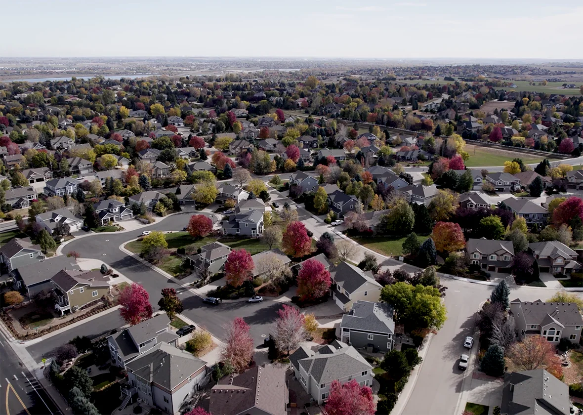 Aerial view of a residential neighborhood.