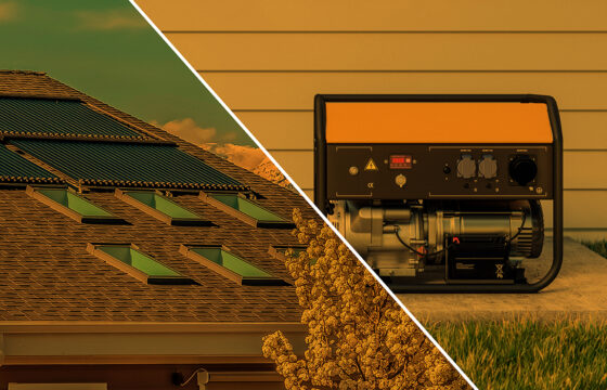 Split image of roof solar panels and a generator