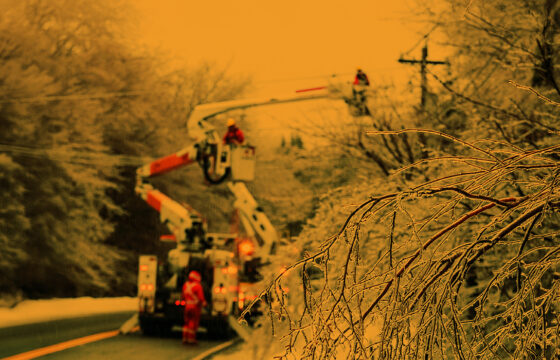 Horses Gallop and So Can Power Lines safety article web header - ice covered trees and power lines with bucket truck