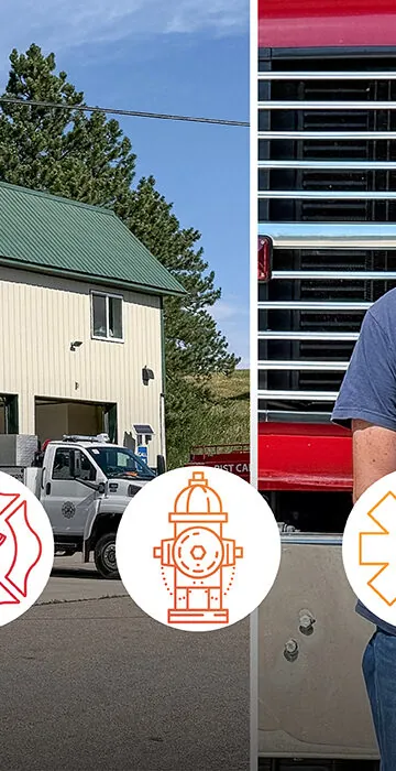 Faces, Places & Voices of PVREA header image - RCVFD volunteer firefighters pose in front of fire truck and building