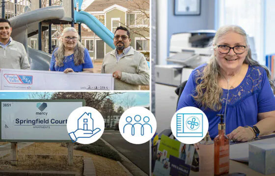 Collage showing PVREA staff presenting a check, a Mercy Housing Springfield Court Apartments sign, and a Mercy Housing staff member seated at a desk.