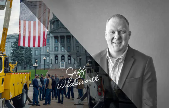 Split image of PVREA CEO and lineworkers standing under a bucket truck holding an American flag outside of the Colorado Capitol.