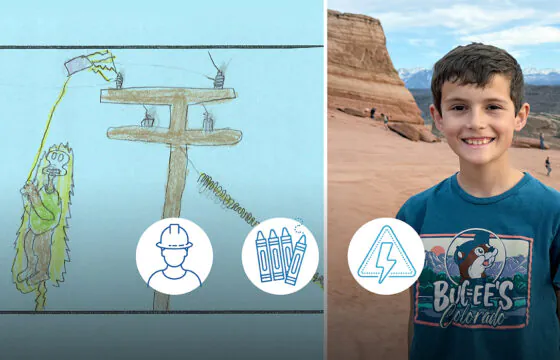 Split image showing fourth grader George and his electrical safety drawing.