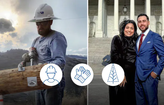 Split image showing PVREA lineman Sergio working on a power pole & Sergio posing with his wife at the Capitol.