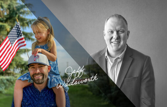 Split image of PVREA CEO Jeff Wadsworth and a PVREA employee holding his child on his shoulders while she holds an American flag.