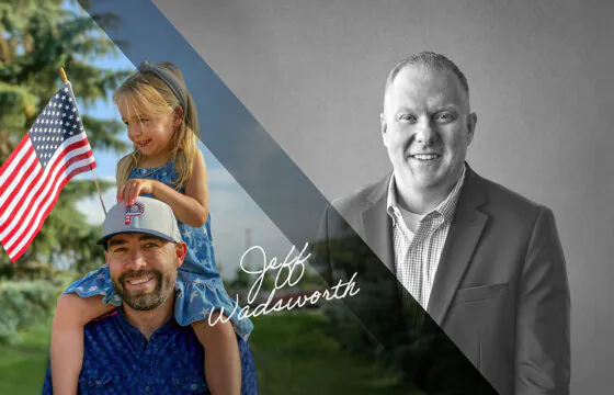 Split image of PVREA CEO Jeff Wadsworth and a PVREA employee holding his child on his shoulders while she holds an American flag.