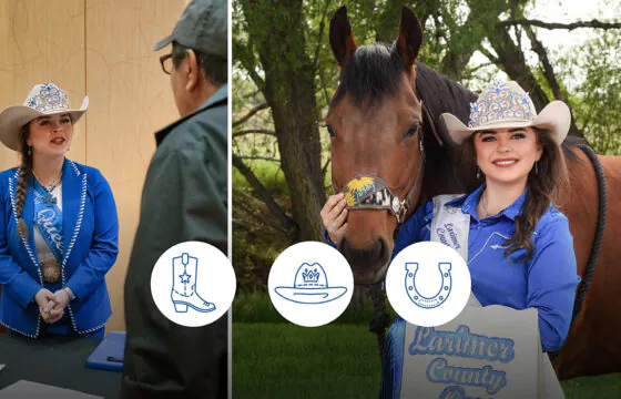 Split image of Rodeo Queen Addy Gregory speaking with PVREA member and posing with a horse.