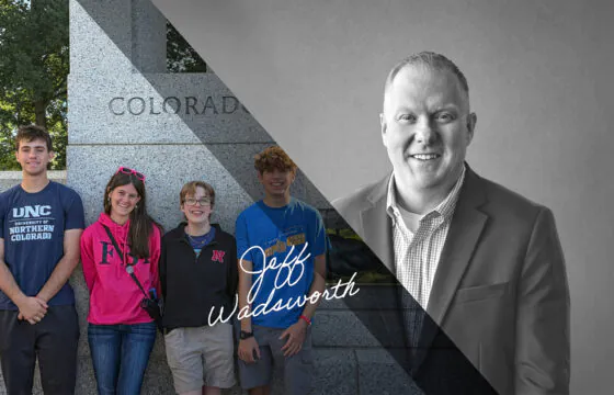 Split header image of PVREA 2026 youth tour representatives standing in front of a 'Colorado' monument and PVREA CEO Jeff Wadsworth.