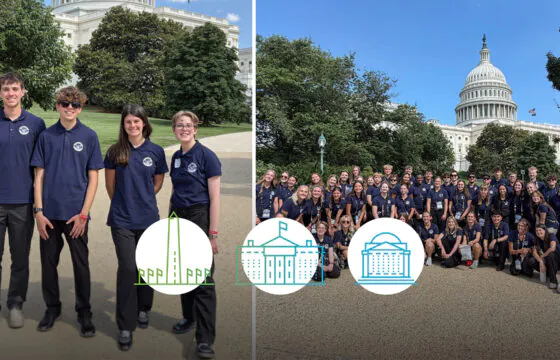 Split image of PVREA 2026 youth tour representatives and other youth tour representatives posing in front of the US Capitol building.