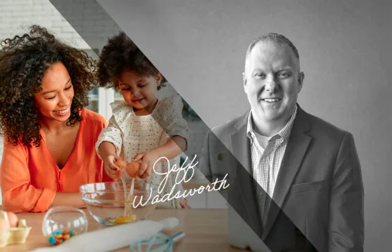 Split image of a mom and daughter baking in a kitchen and PVREA CEO Jeff Wadsworth.