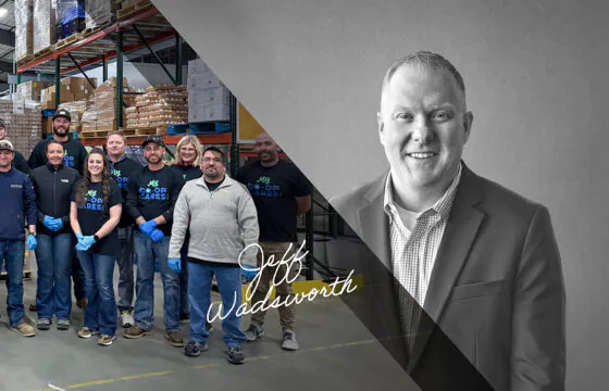Split image of PVREA employees volunteering at a food bank & PVREA CEO Jeff Wadsworth.